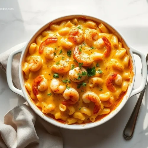 Baked Shrimp Mac and Cheese Casserole on marble table