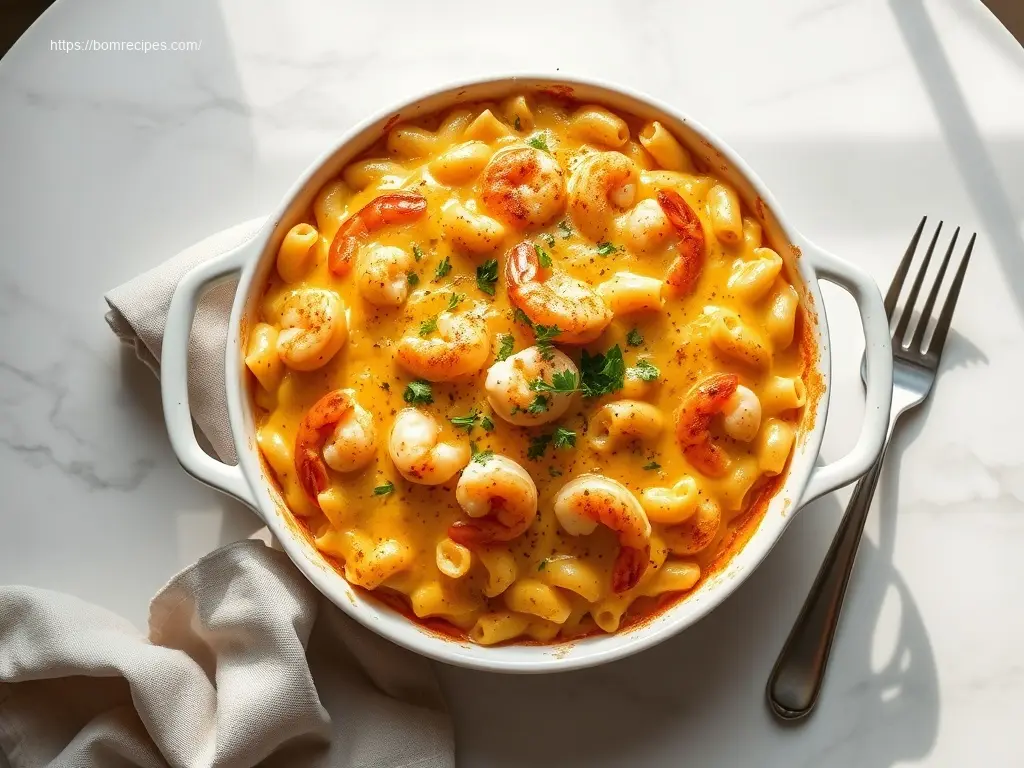 Baked Shrimp Mac and Cheese Casserole on marble table