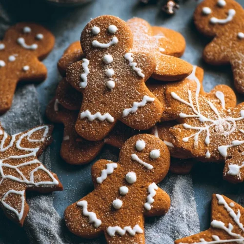 Plate of freshly baked gingerbread cookies decorated with icing