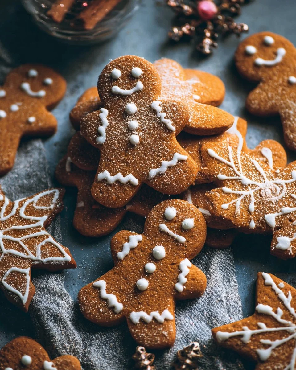 Plate of freshly baked gingerbread cookies decorated with icing