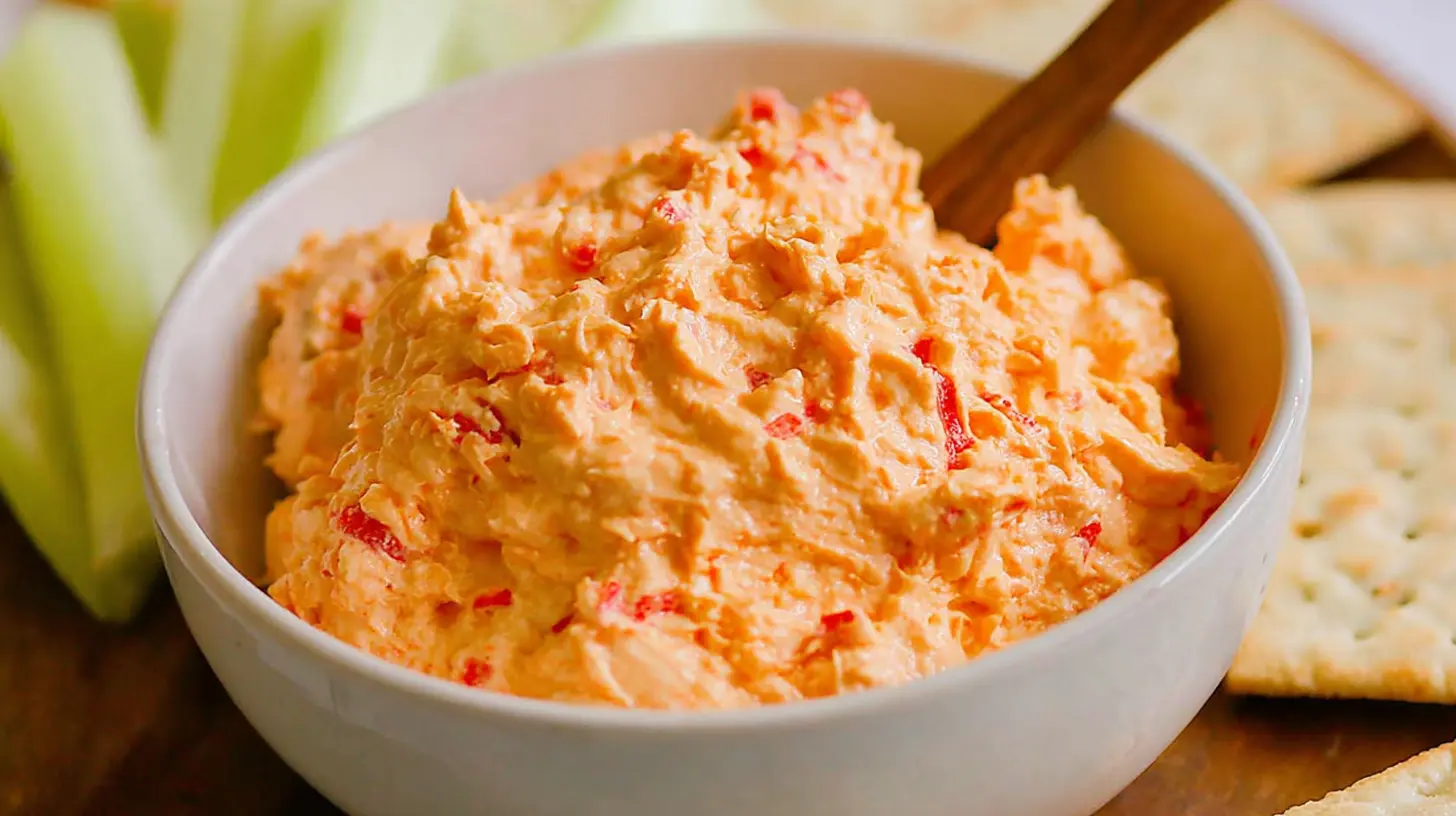 Close-up of a finished pimento cheese recipe, ready to serve.