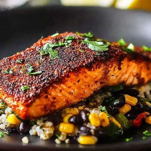 Close-up of a perfectly cooked blackened salmon fillet with a crispy crust.