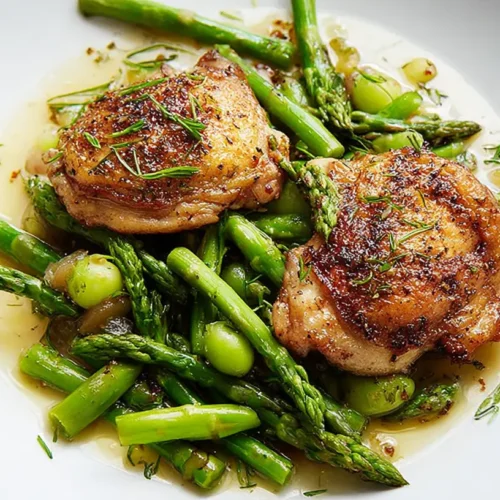 A serving of braised chicken with tender green asparagus spears on a plate.