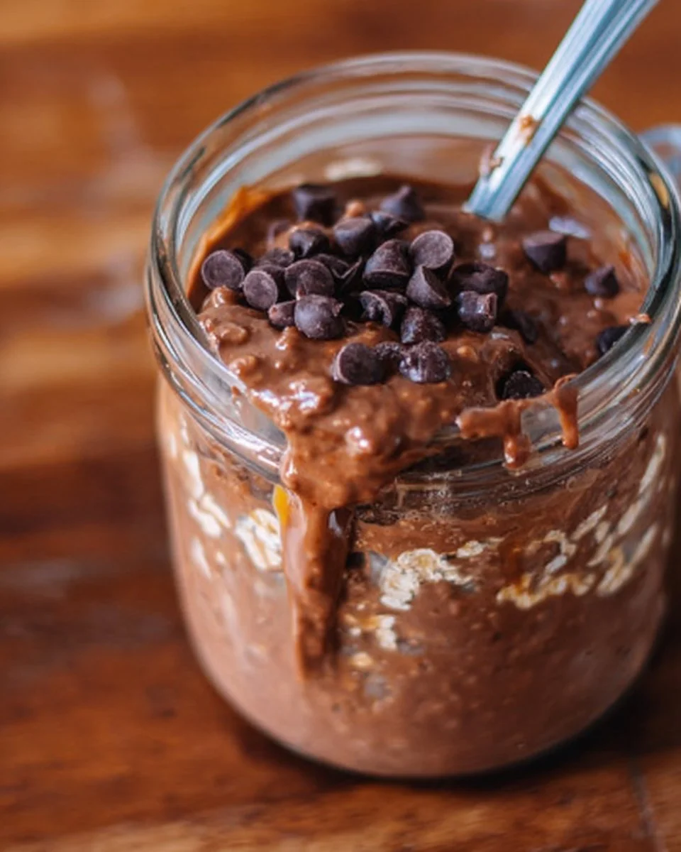 Delicious brownie batter overnight protein oats topped with chocolate and nuts