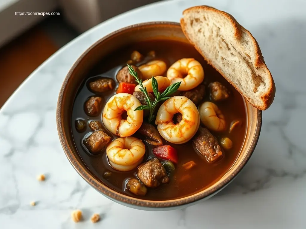 Delicious Cajun Shrimp and Sausage Gumbo Pot overhead view