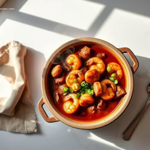 Delicious Cajun Shrimp and Sausage Gumbo Pot overhead view