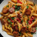 Delicious Cajun Sausage Pasta with spices and ingredients in a bowl