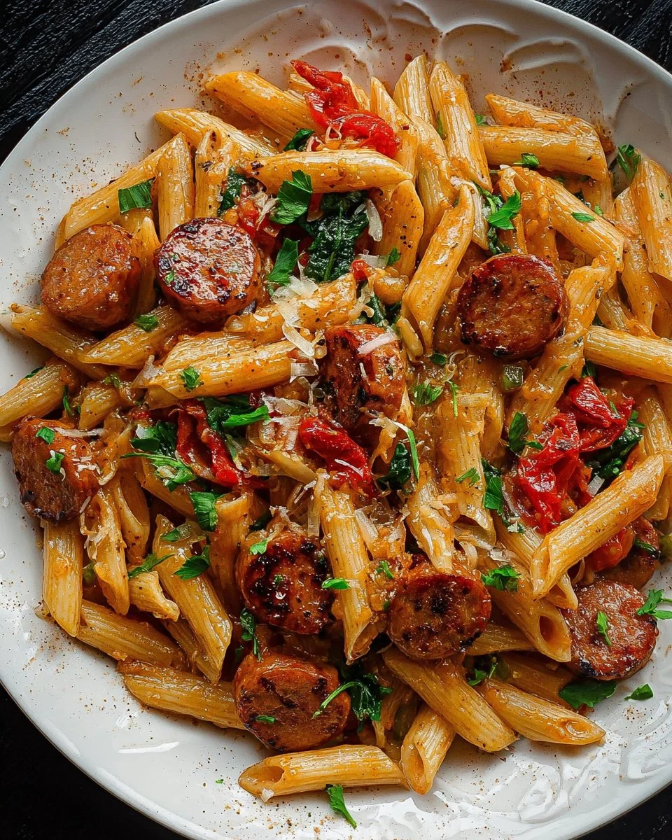 Delicious Cajun Sausage Pasta with spices and ingredients in a bowl