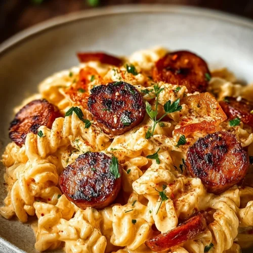 Cajun smoked sausage Alfredo pasta served on a plate with herbs.