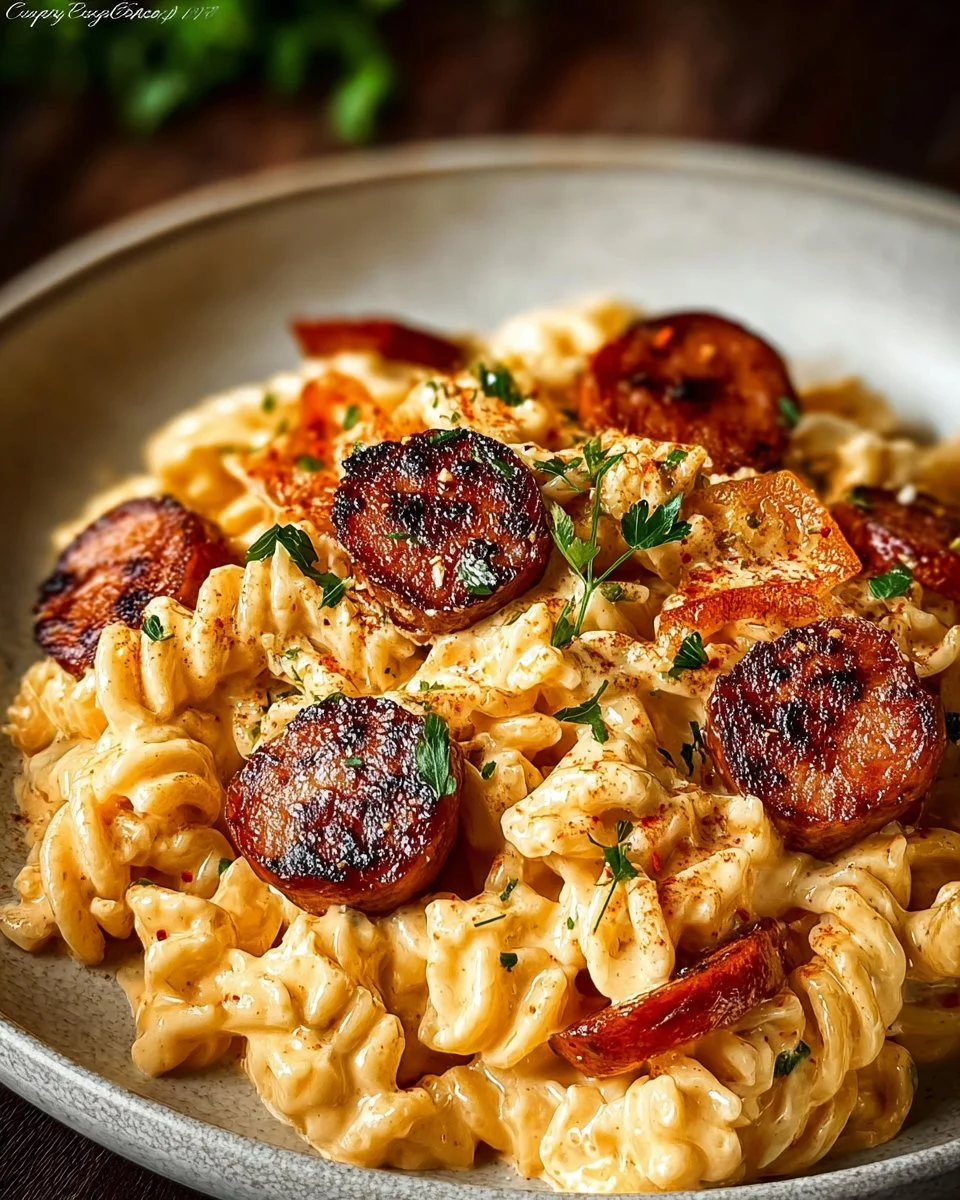 Cajun smoked sausage Alfredo pasta served on a plate with herbs.