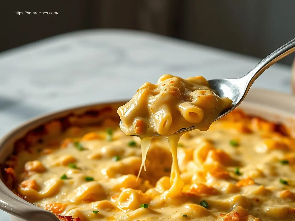 Delicious Cheesy Chicken Pot Pie Pasta Bake overhead shot