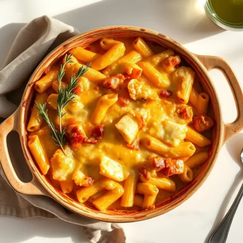 Delicious Cheesy Chicken Pot Pie Pasta Bake overhead shot