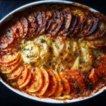 Cheesy root vegetable gratin baked with layers of creamy root vegetables and cheese