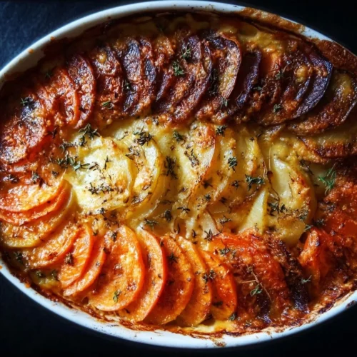 Cheesy root vegetable gratin baked with layers of creamy root vegetables and cheese