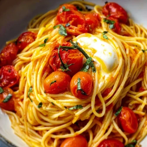 Delicious cherry tomato pasta served in a bowl with fresh basil.