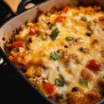 Chicken Fajita Casserole topped with cheese and veggies