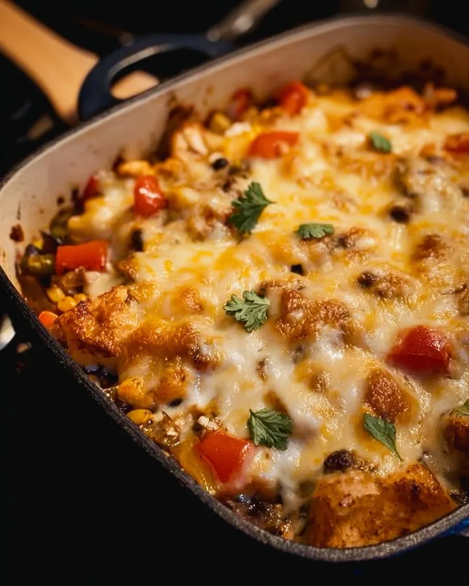 Chicken Fajita Casserole topped with cheese and veggies