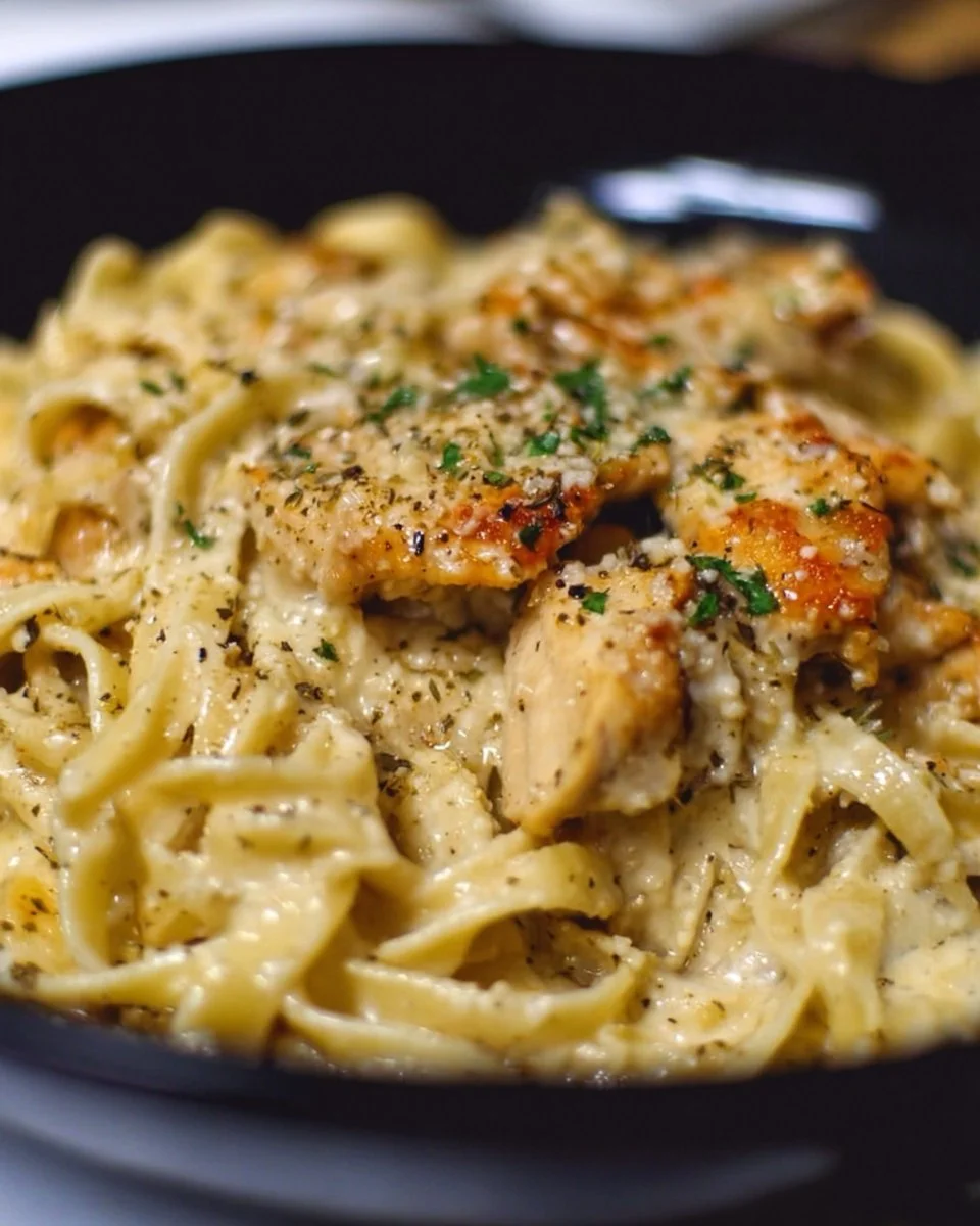 Delicious Chicken Garlic Parmesan Pasta topped with herbs and cheese.