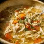 Bowl of homemade Chicken Noodle Soup with vegetables and herbs