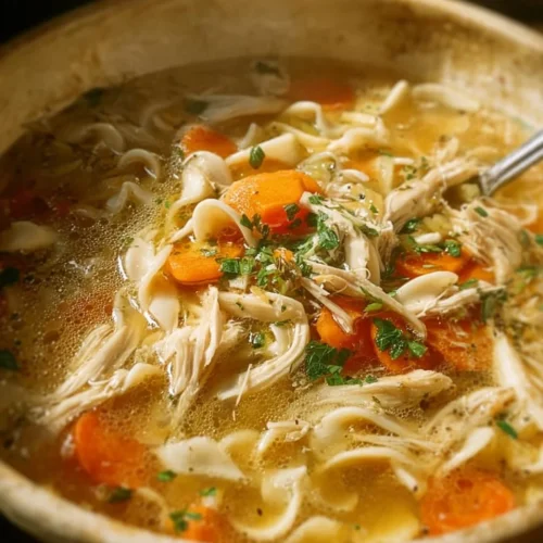 Bowl of homemade Chicken Noodle Soup with vegetables and herbs