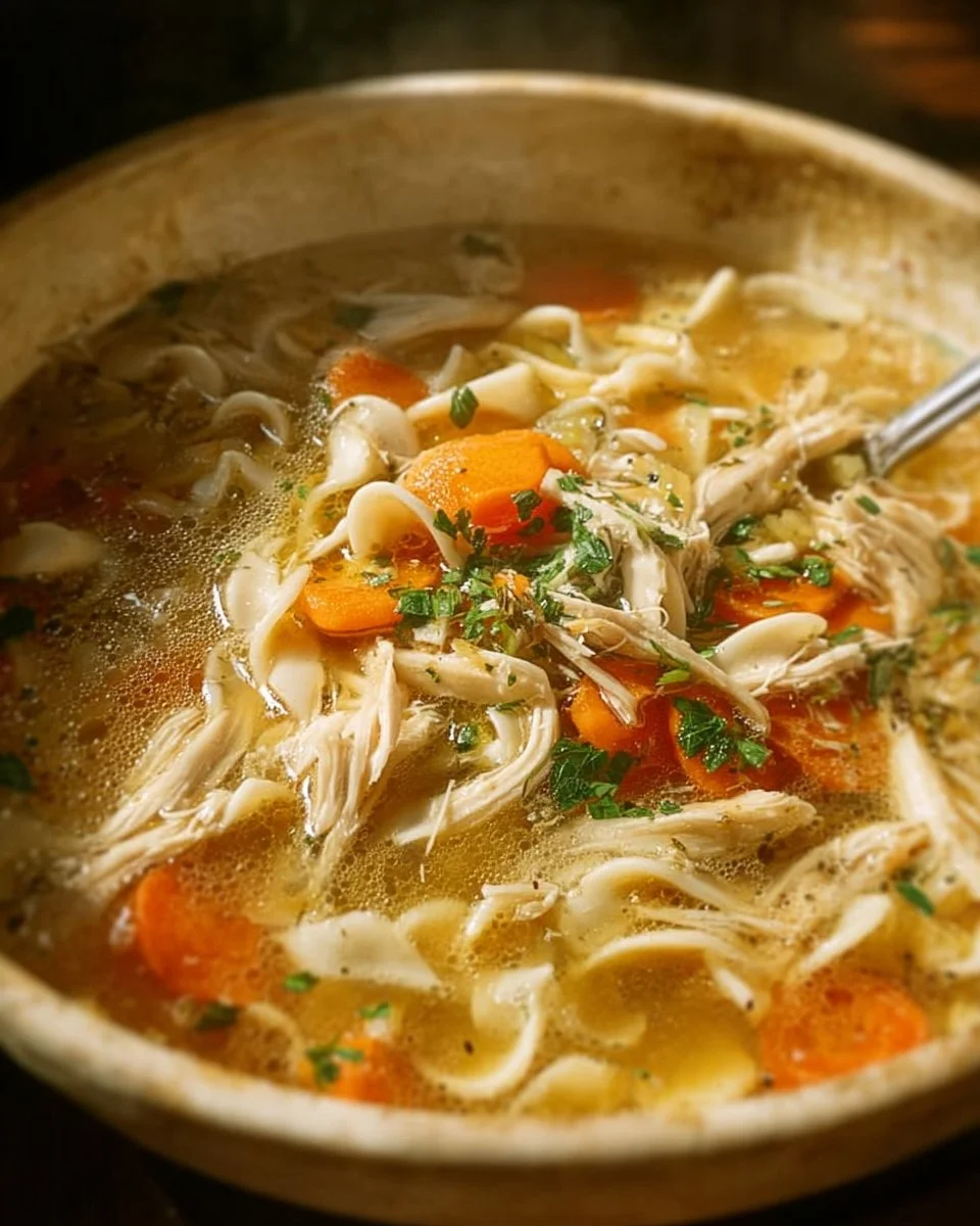 Bowl of homemade Chicken Noodle Soup with vegetables and herbs