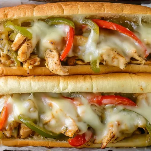 A sizzling Chicken Philly Cheesesteak sandwich with melted cheese.
