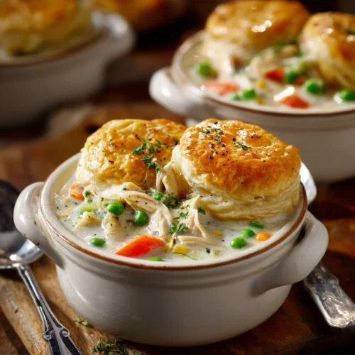 Delicious Chicken Pot Pie Soup served in a bowl with vegetables and herbs