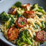 Delicious Chicken Sausage with Broccoli Orzo served in a bowl