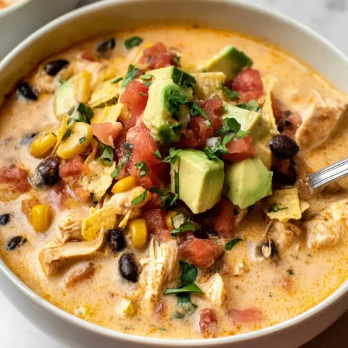 A steaming bowl of chicken taco soup topped with fresh cilantro and sour cream.