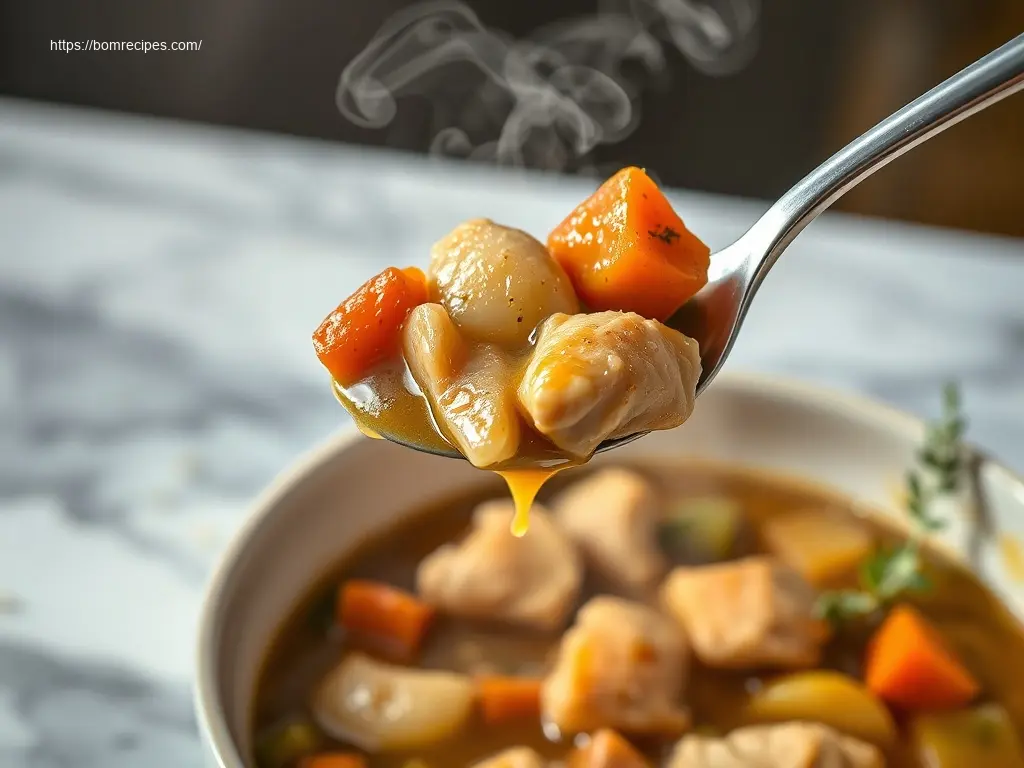 Delicious Slow Cooker Chicken Veggie Stew served beautifully