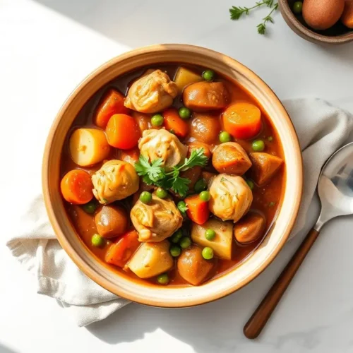 Delicious Slow Cooker Chicken Veggie Stew served beautifully