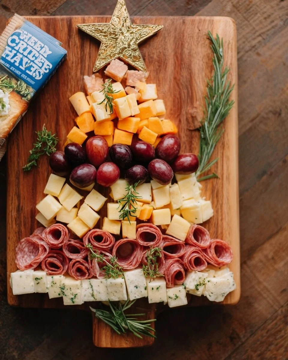 Christmas tree shaped charcuterie board adorned with festive treats.
