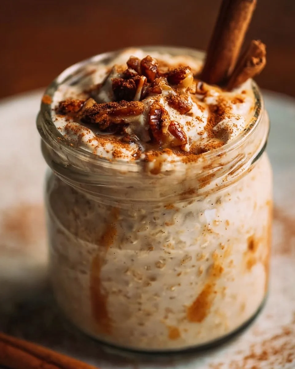 Bowl of cinnamon roll overnight oats topped with cinnamon and raisins