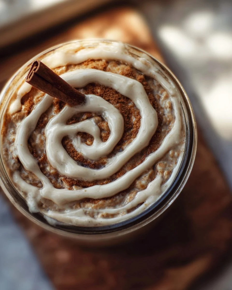 Bowl of cinnamon roll overnight oats topped with cinnamon and raisins.