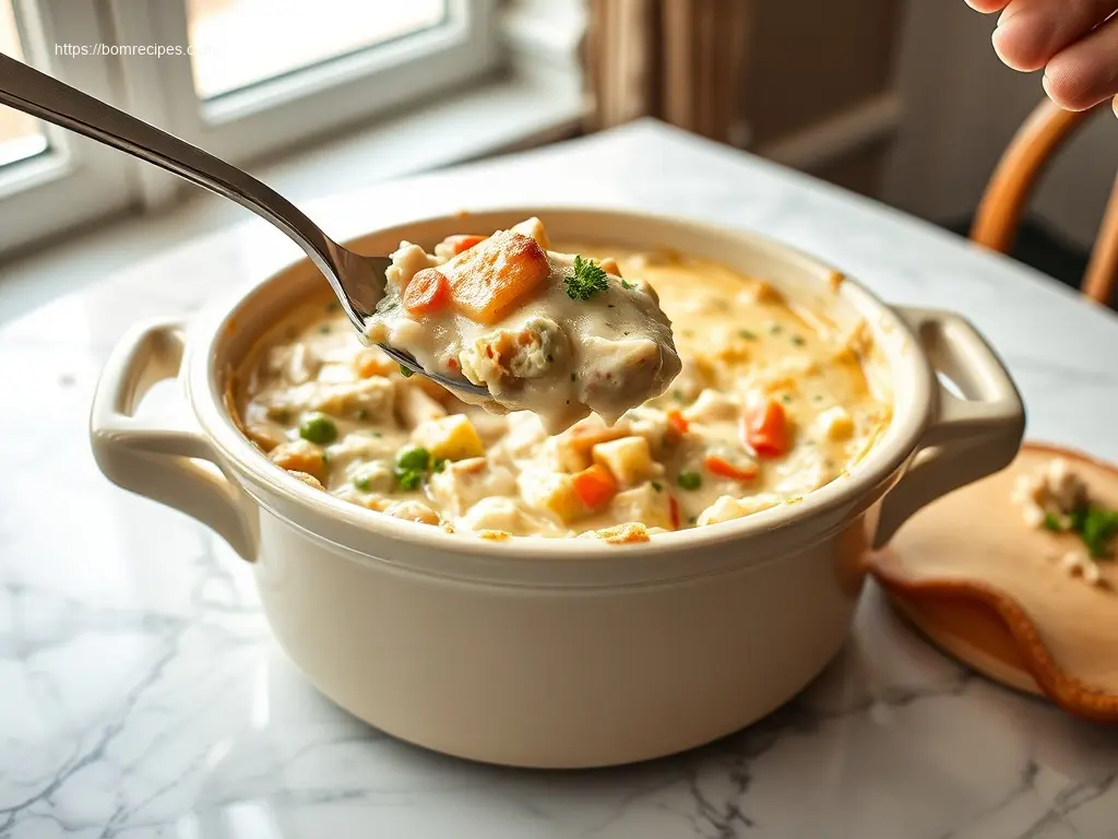 Delicious Classic Crockpot Chicken Pot Pie on white marble