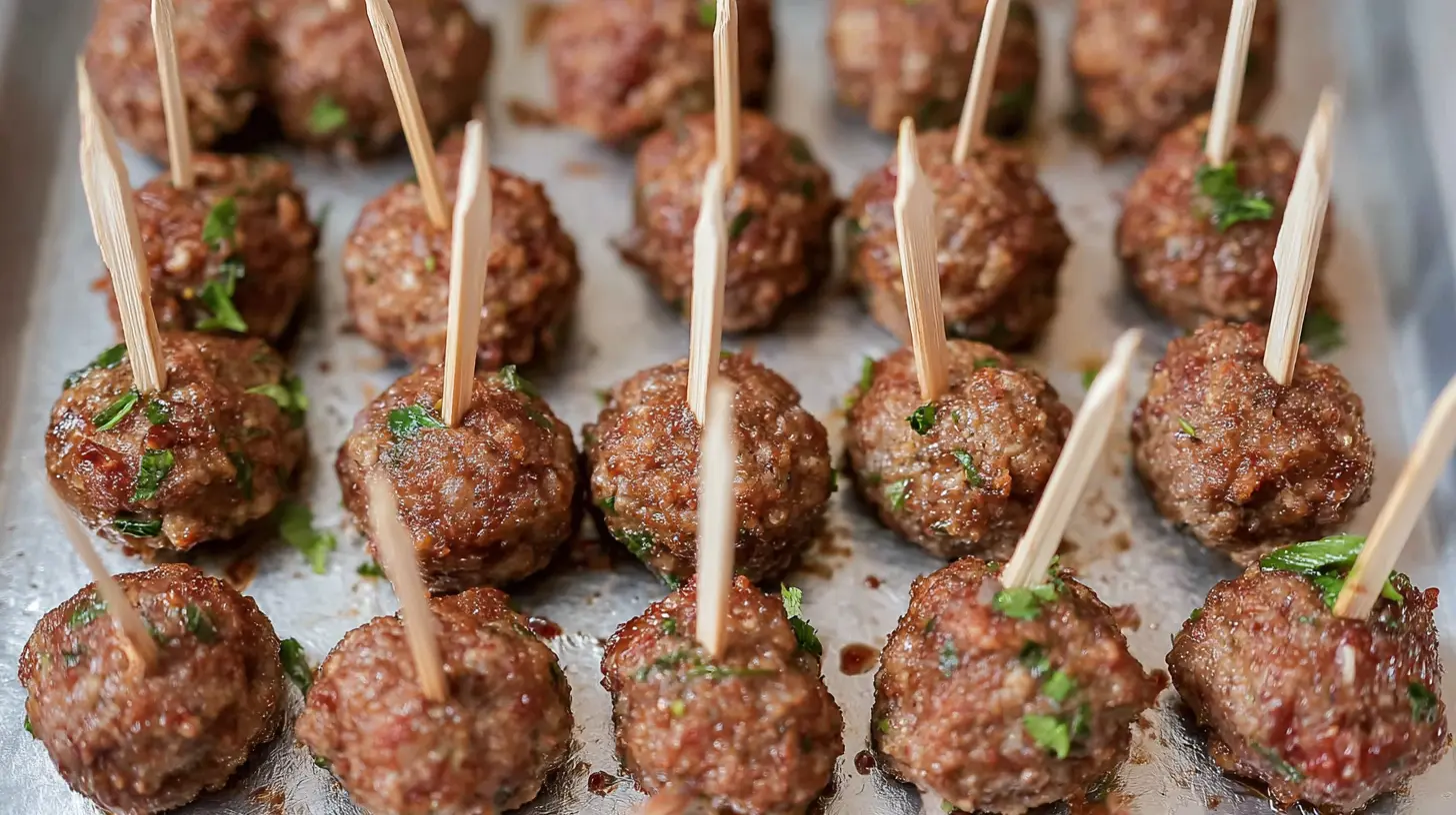 Traditional meat ball appetizers served on a white dish.