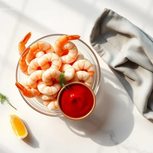 Classic Shrimp Cocktail overhead shot with homemade sauce