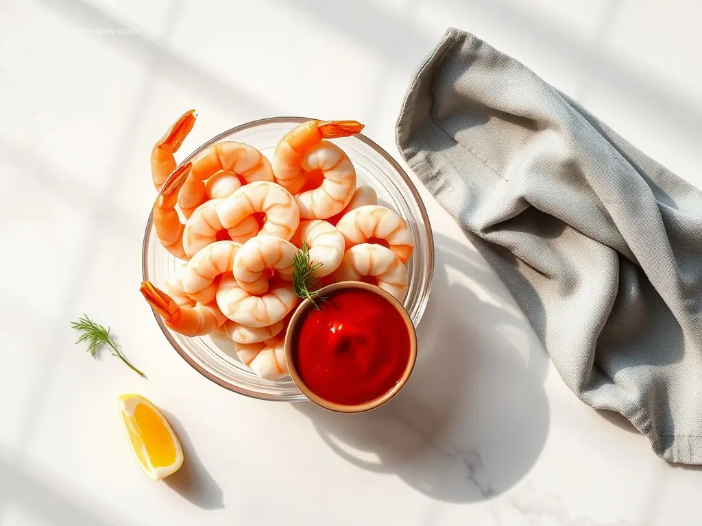 Classic Shrimp Cocktail overhead shot with homemade sauce
