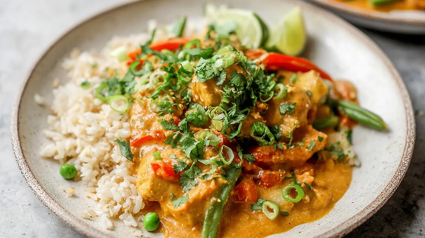 Close-up shot of tender Thai peanut chicken covered in a rich, savory sauce.