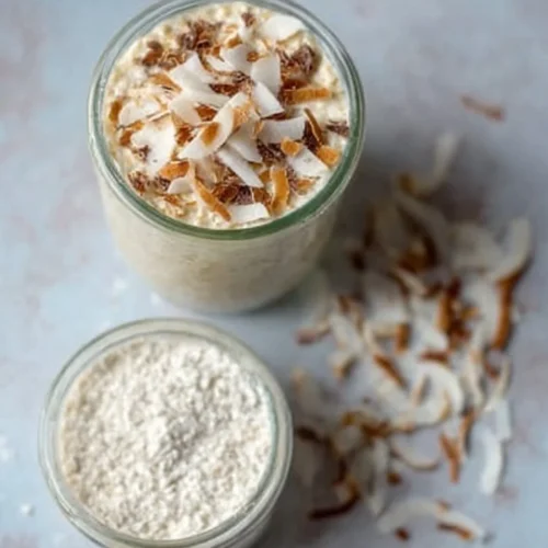 Bowl of Coconut Overnight Oats topped with fresh fruits and coconut flakes