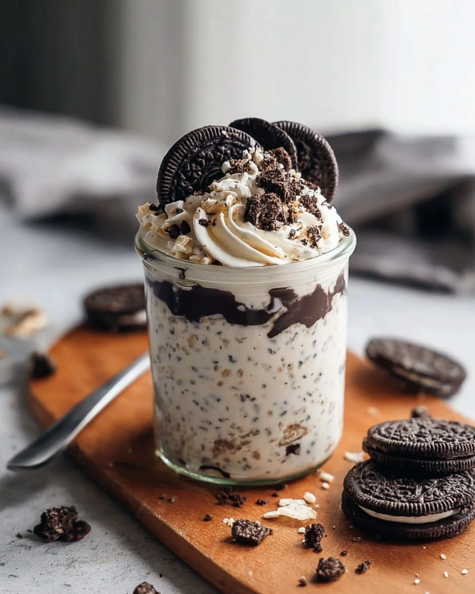 Delicious cookies and cream overnight oats topped with chocolate cookies.