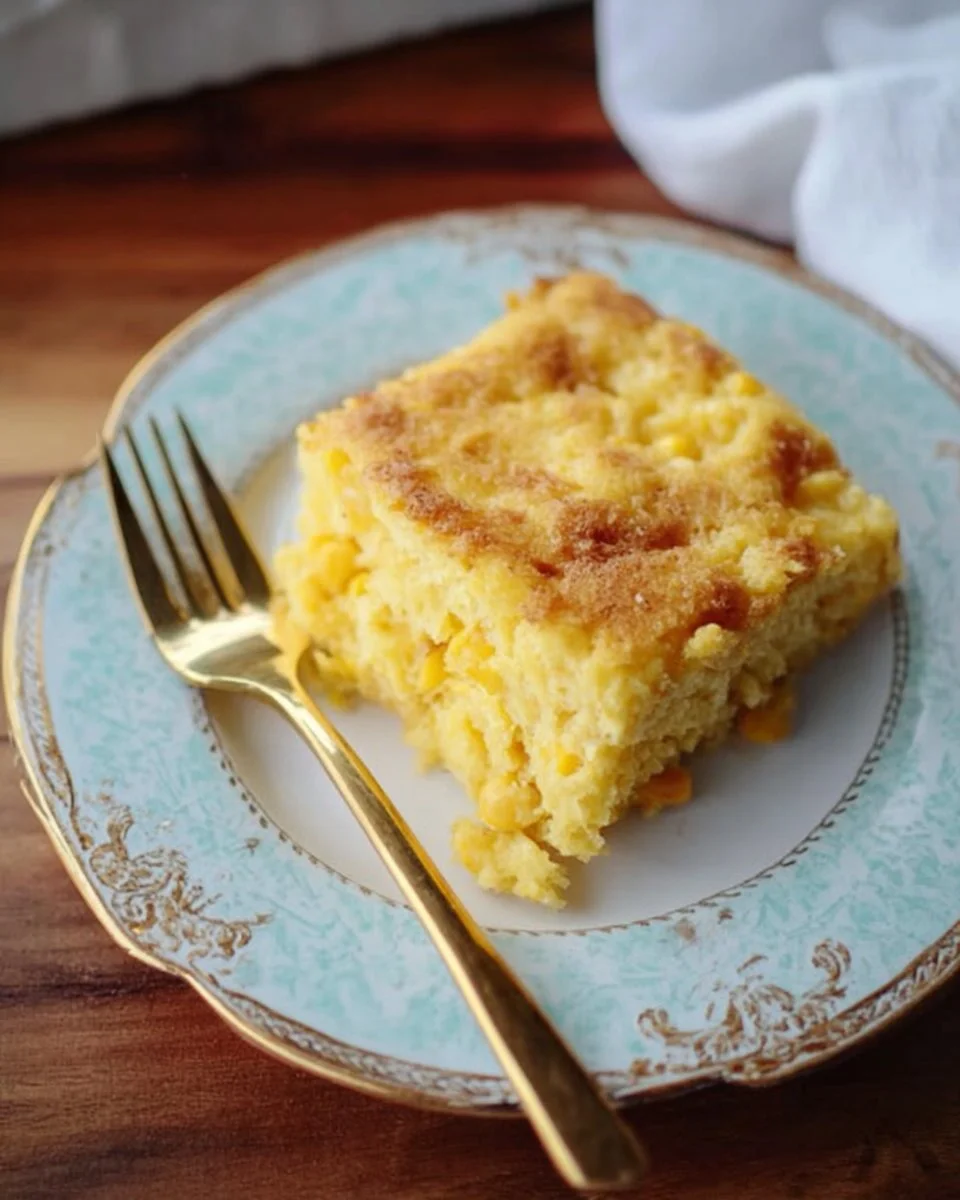 Delicious corn casserole served in a baking dish with golden topping