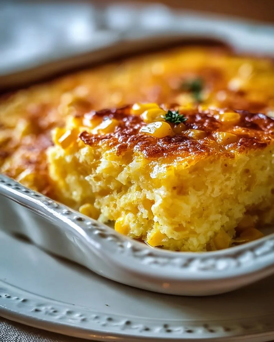 Delicious corn pudding casserole topped with golden crust