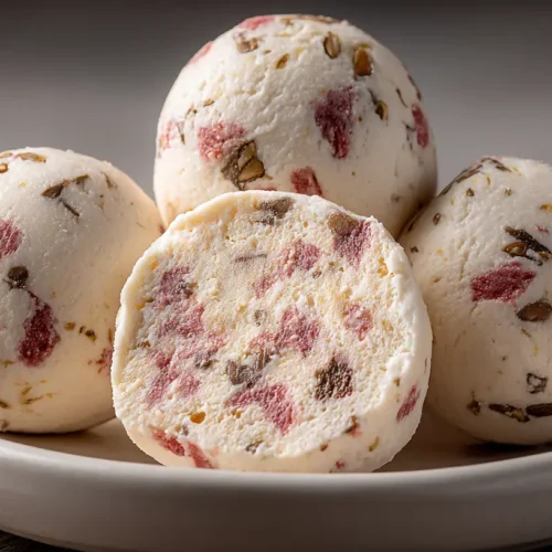 A close-up of homemade Cottage Cheese Protein Balls arranged on a white serving plate.