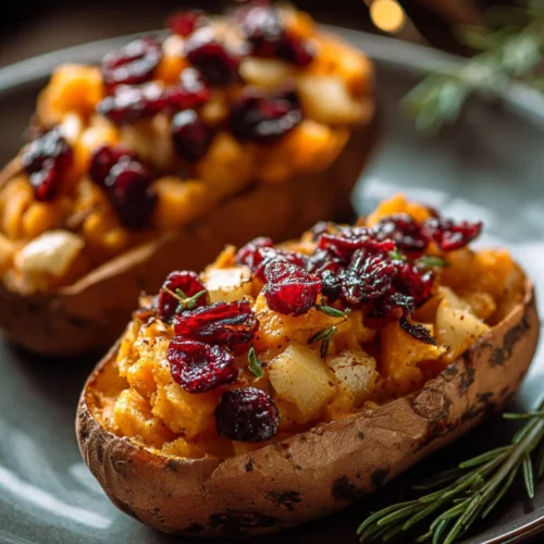 Cranberry apple twice-baked sweet potatoes topped with nuts and herbs