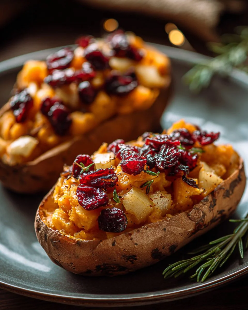 Cranberry apple twice-baked sweet potatoes topped with nuts and herbs