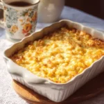 Delicious cream cheese corn casserole served in a baked dish