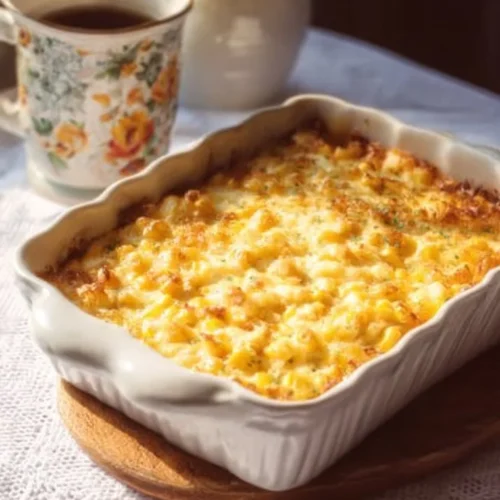 Delicious cream cheese corn casserole served in a baked dish