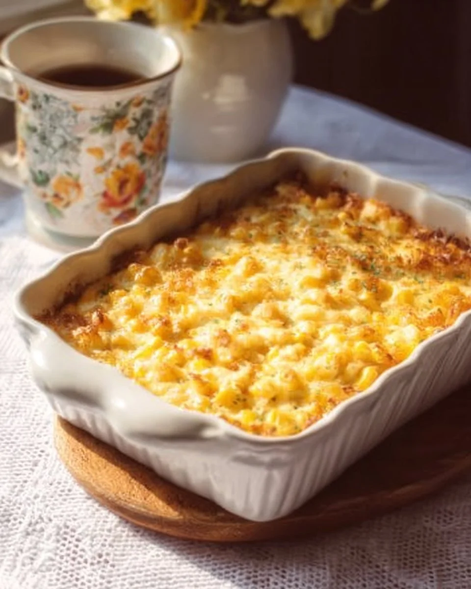 Delicious cream cheese corn casserole served in a baked dish