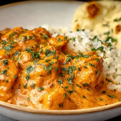 A bowl of creamy butter chicken garnished with fresh cilantro